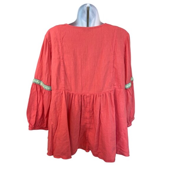 Crown & Ivy Coral Peasant Blouse XL Boho Embroidered Trim V-Neck Long Sleeve - Picture 2 of 7